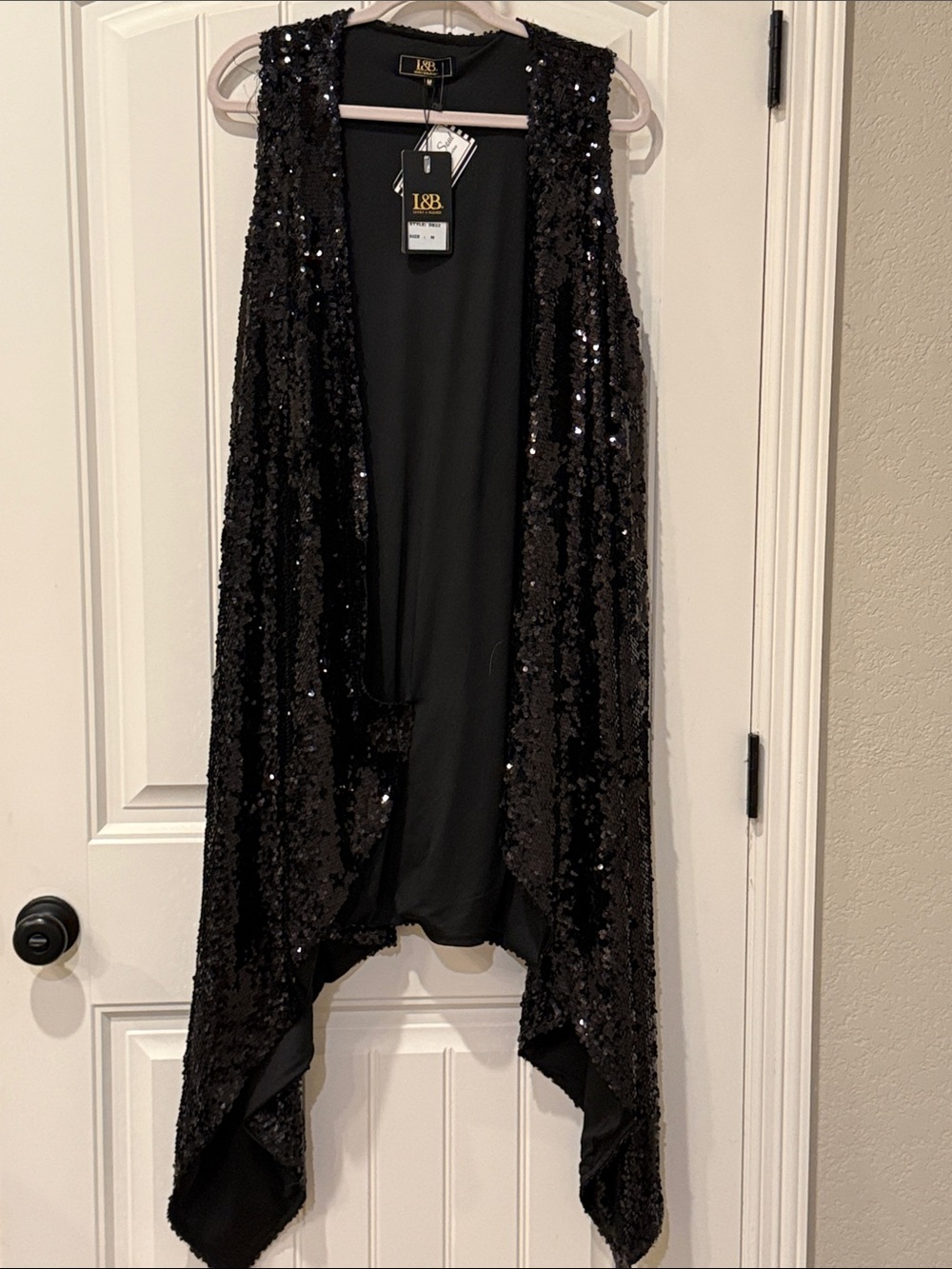 L&B Black Sequined Draped Open-Front Vest